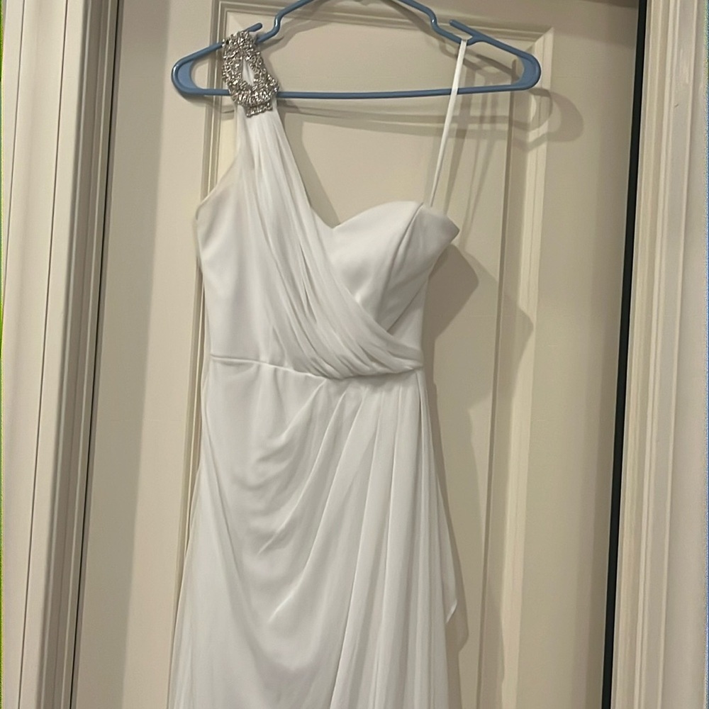 Camille La Vie One-Shoulder White Dress with Silver Embellishment